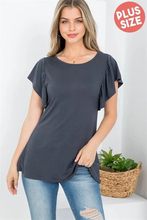 PLUS SIZE FLUTTER SLEEVE ROUND NECK SOLID TOP