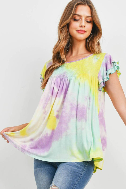 LAYERED RUFFLE SLEEVE TIE DYE SMOCKED TOP