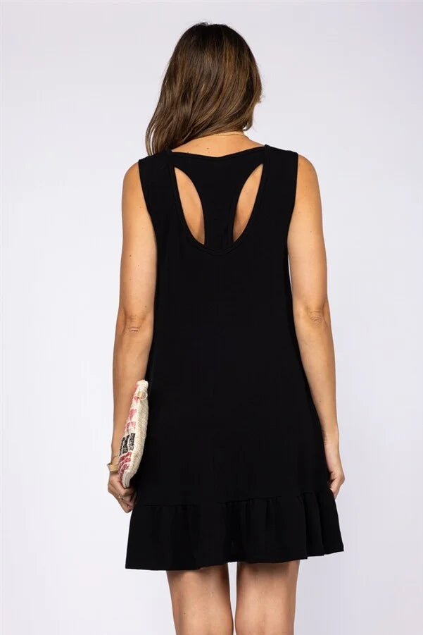 RAVEN BLACK RACER BACK RUFFED HEM MIDI DRESS