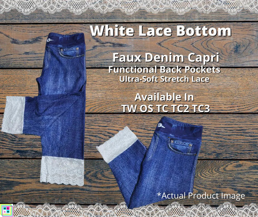 Faux Denim Capris w/ White Lace