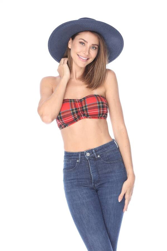 RED PLAID STRAPLESS BRALETTE