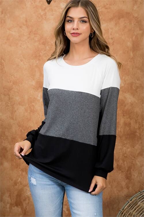 ROUND NECK PUFF SLEEVE COLOR BLOCK TOP